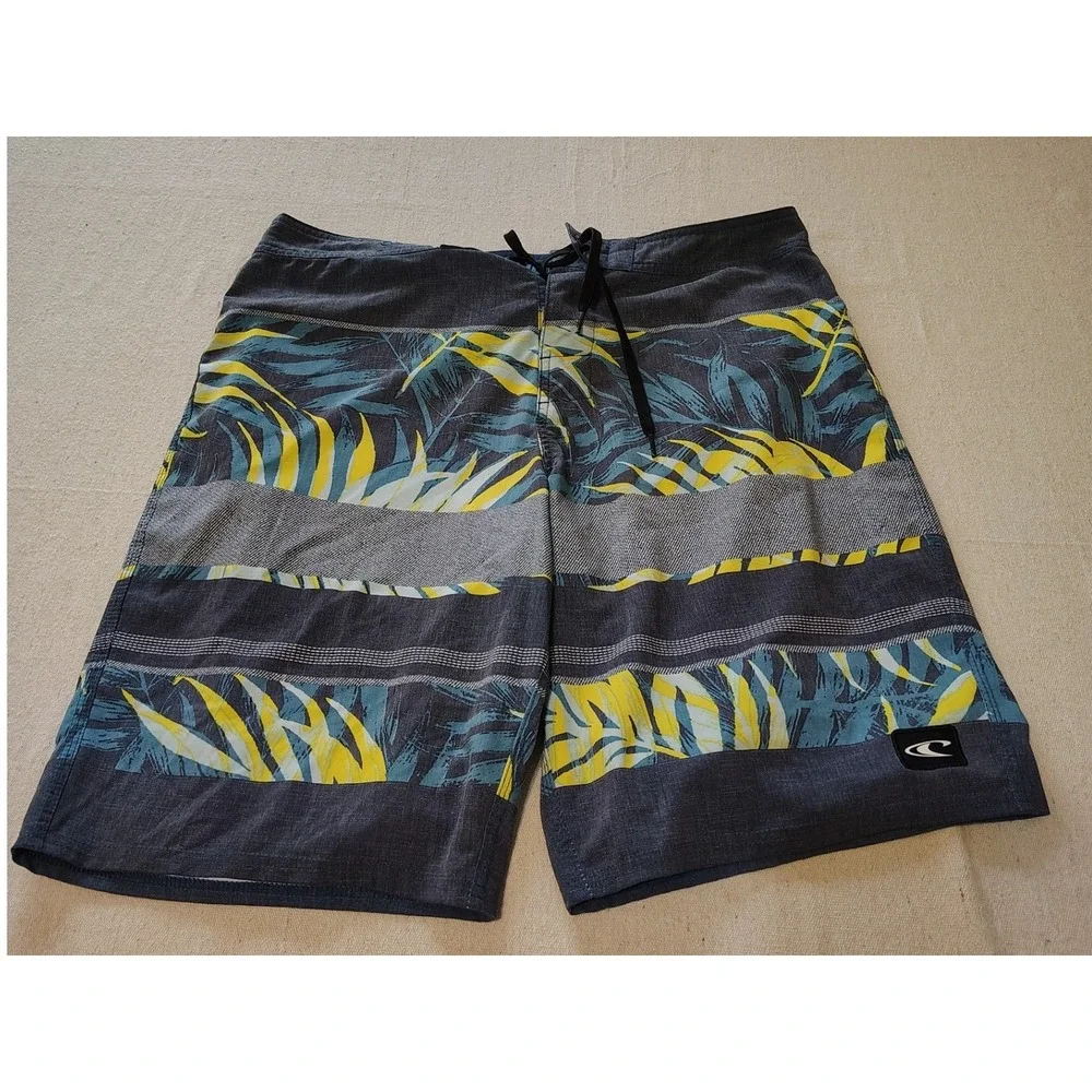 ONeill Mens Board Shorts Size 34 Gray Yellow‎ Tropical Palm Print Swim Trunks 24